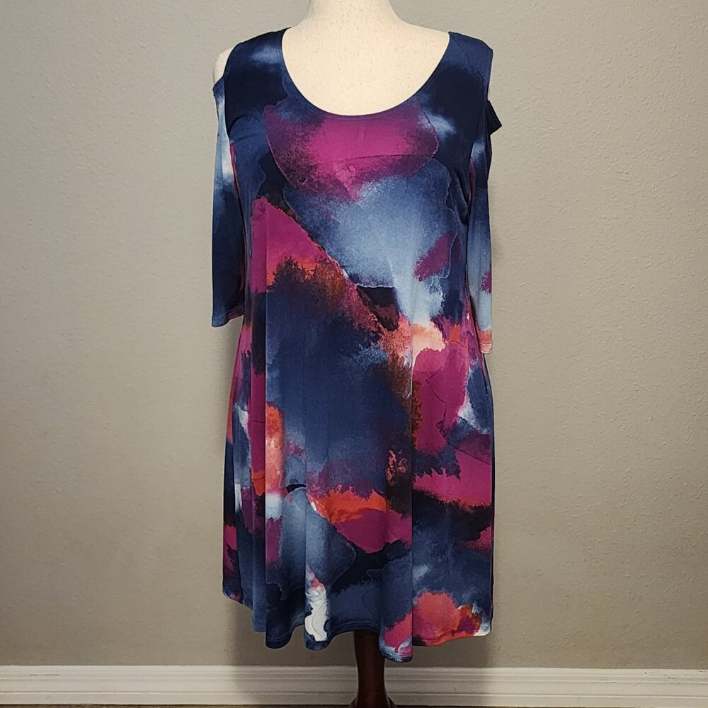 Open Shoulder Dress by Clara Sun Woo, Blue and Pink Watercolor Print, Large 14
